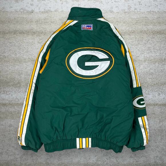 Vintage Green Bay Packers Puffer Starter Jacket Green Yellow Nylon Insulated 90s - Picture 2 of 13